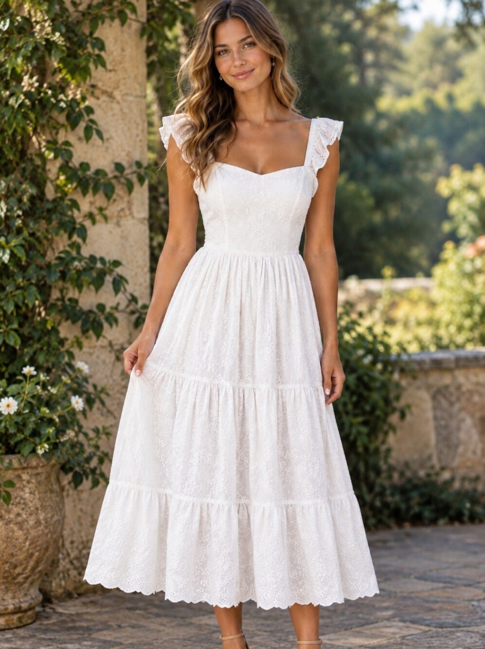 White Eyelet Tiered Maxi Dress with Ruffle Straps